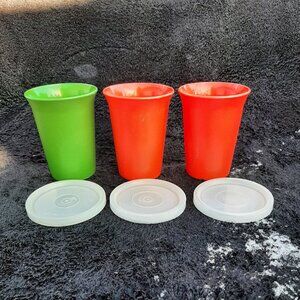 Vintage 1970's Tupperware Juice Glasses Set(3) Bell Top Multi Colors with Lids